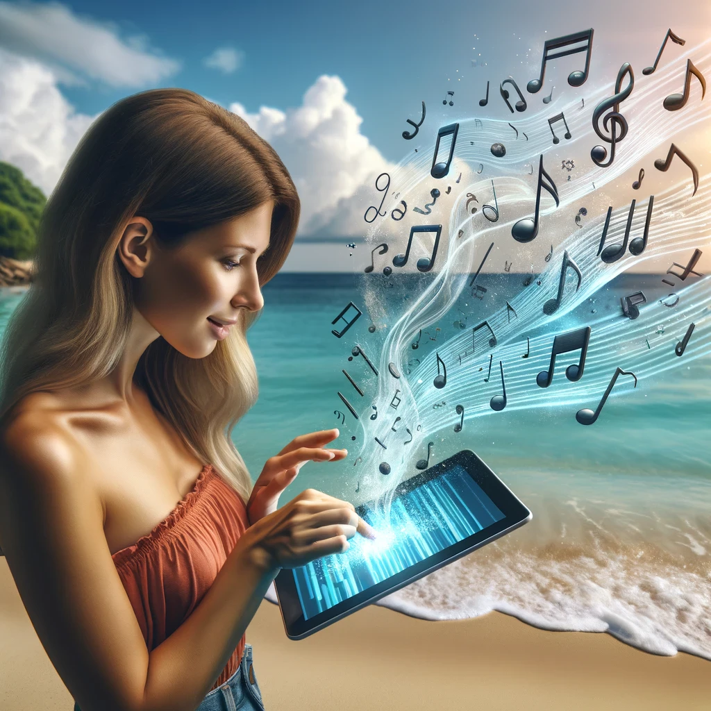 DALL·E 2023-11-10 09.36.51 - A 20-year-old woman at a beautiful beach, visibly more excited as she watches text flowing from her tablet screen and transforming into prominent musi.png