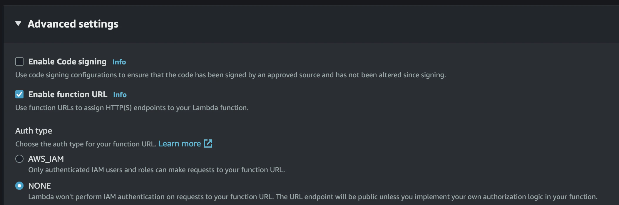Function URL setup