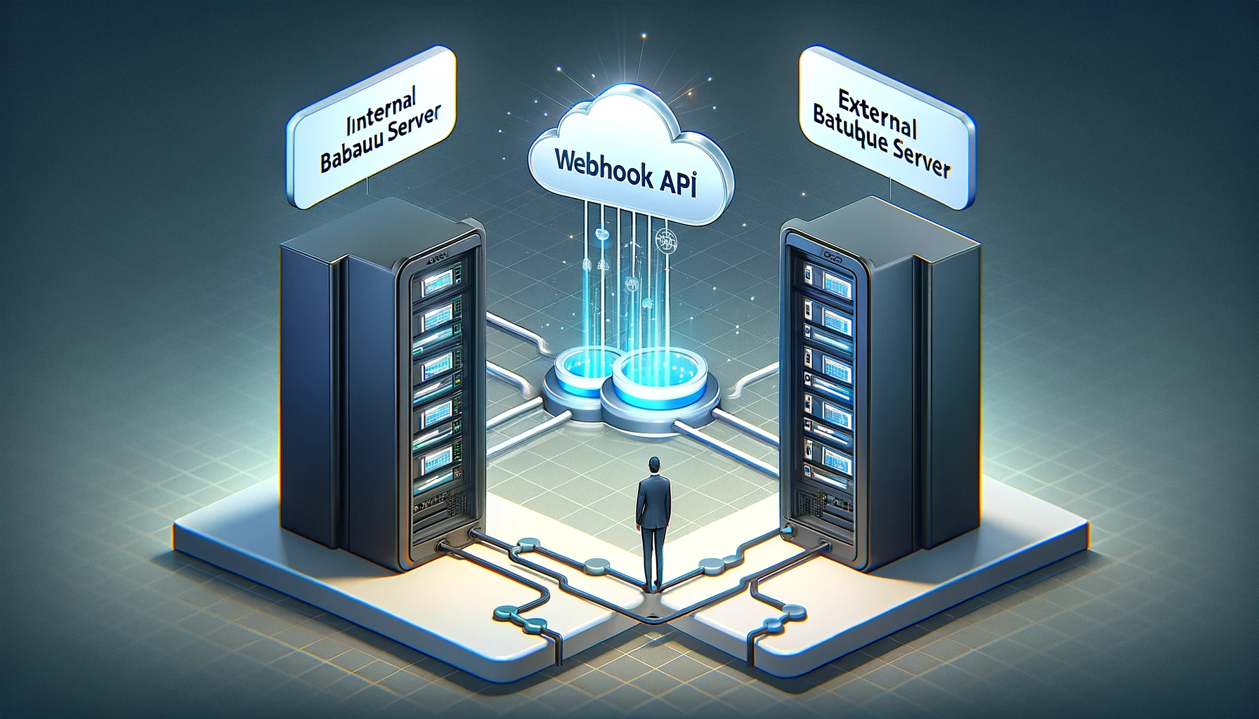 DALL·E 2023-11-15 02.02.30 - An image illustrating the concept of connecting an 'Internal Tableau Server' with an 'External Tableau Server' using Webhook API for data synchronizat.png