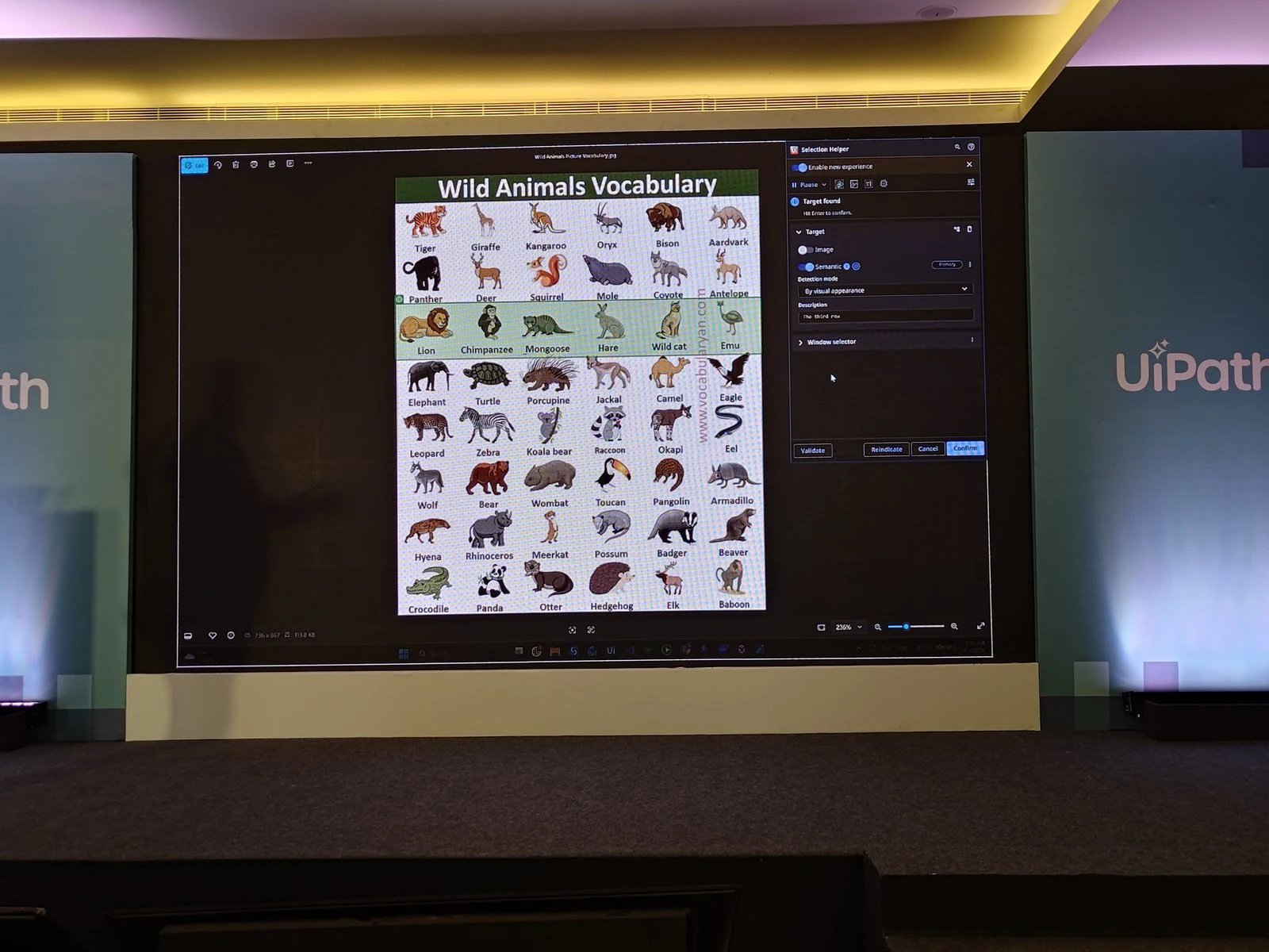 Image Mode デモ — 「3 列目」を指定すると Panther, Deer, Squirrel, Mole, Coyote, Antelope の行全体が緑枠で選択される