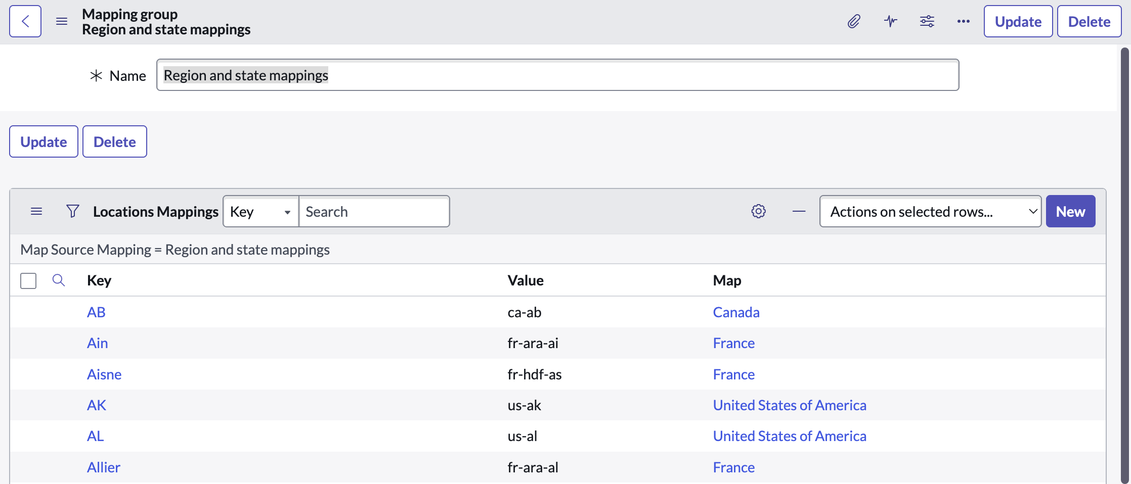 Region and state mappings フォーム画面