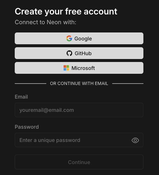Neonのアカウント登録画面