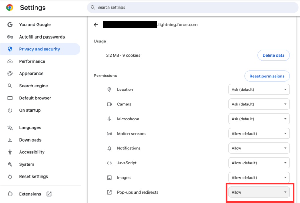 Pop-ups and redirects(ポップアップとリダイレクト)を許可|600