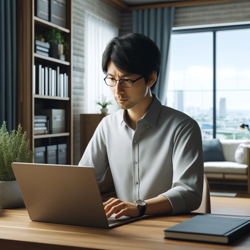 DALL·E-2024-04-24-13.50.08-A-realistic-photo-style-image-of-a-Japanese-man-teleworking-from-home.png