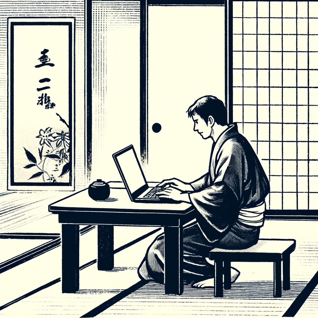 DALL·E-2024-04-24-13.55.41-A-Japanese-ink-painting-depicting-a-Japanese-man-teleworking-from-home.png