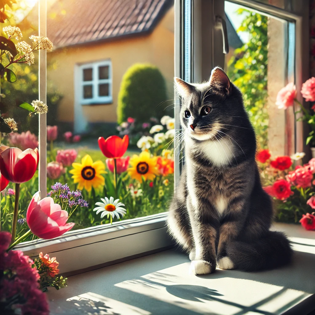 DALL·E 2024-12-17 18.28.04 - A gray cat with white paws sitting on a sunny windowsill, basking in warm sunlight. Outside the window, colorful flowers such as tulips and daisies ar.jpg
