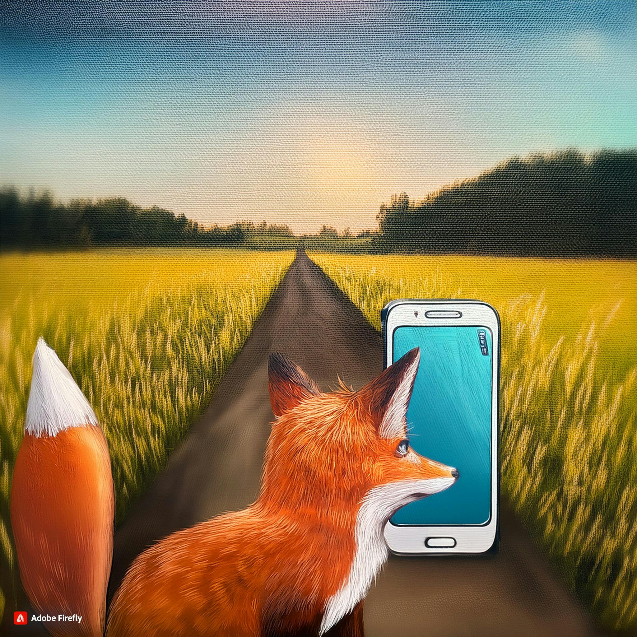 Firefly 絵本のイラストで、ほのおの狐とスマートフォンが野道で出会う 95796(1).jpg