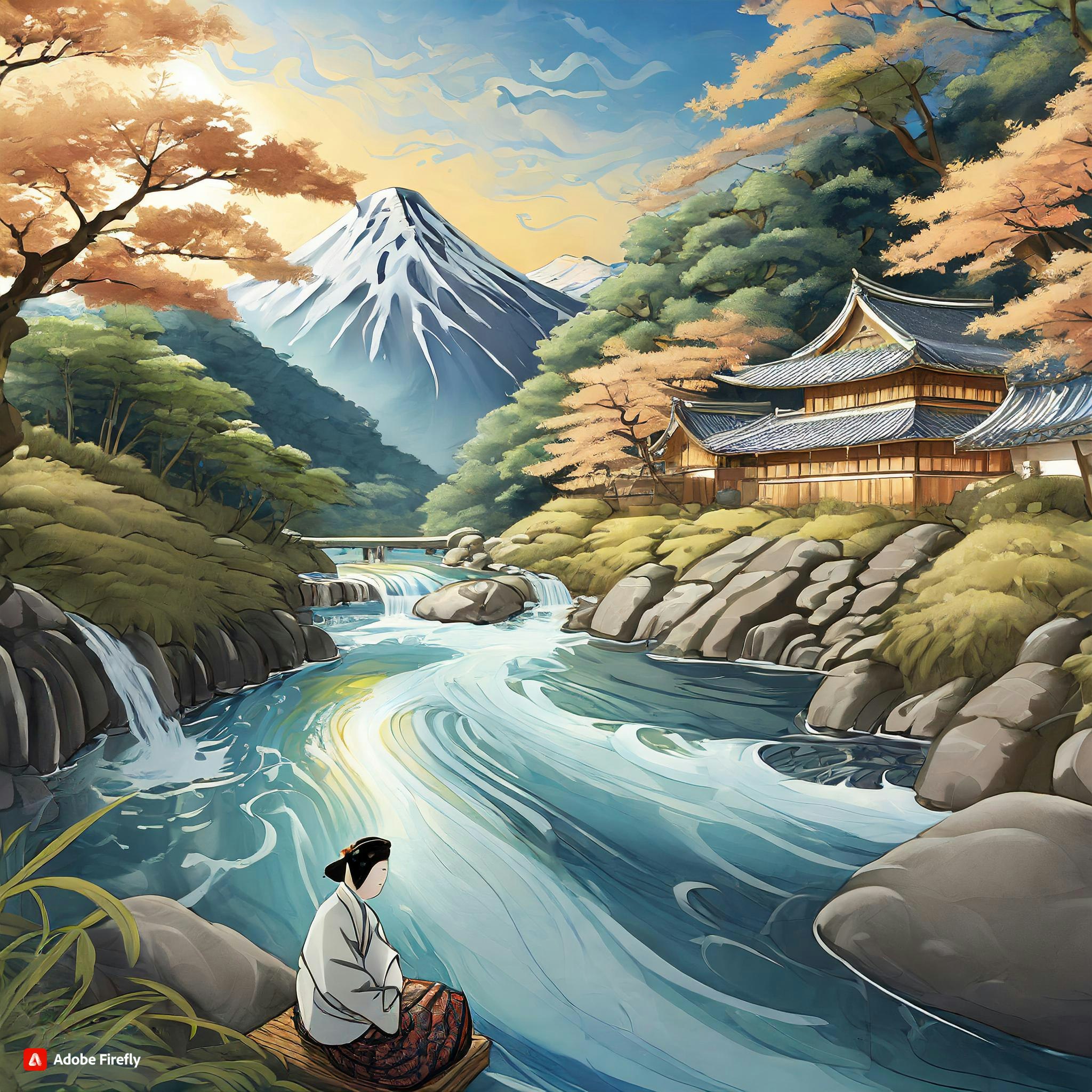 Firefly 桃太郎の絵本の挿絵イラストで、おばあさんが川で洗濯をしていると、川上から大きなプログラムが流れてくるシーン 584.jpg