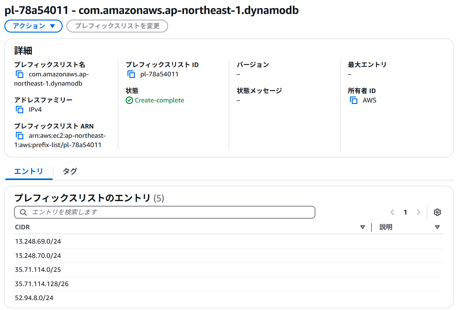 AWSマネージドプレフィックスリストの例
