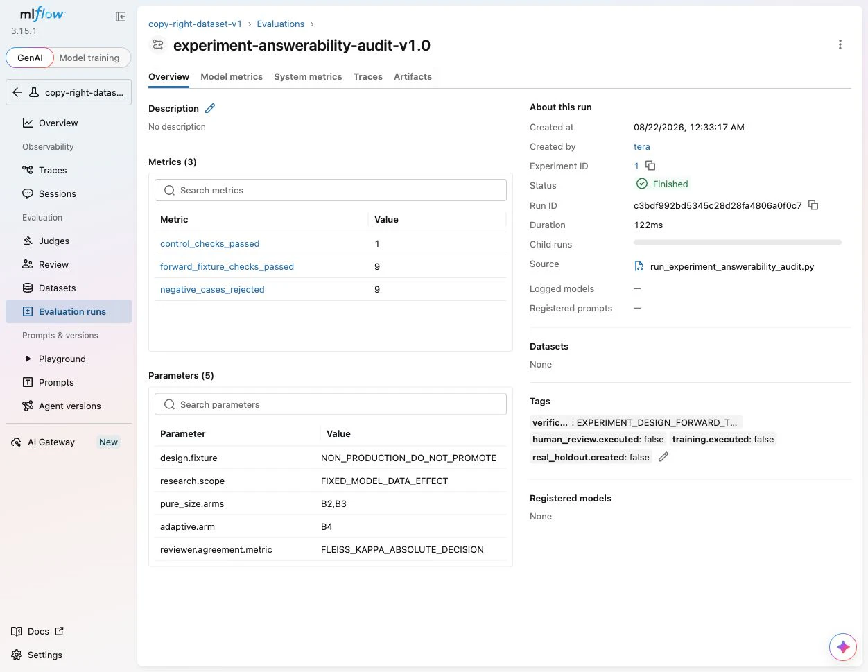 元の問いへの回答可能性を監査したMLflow Run