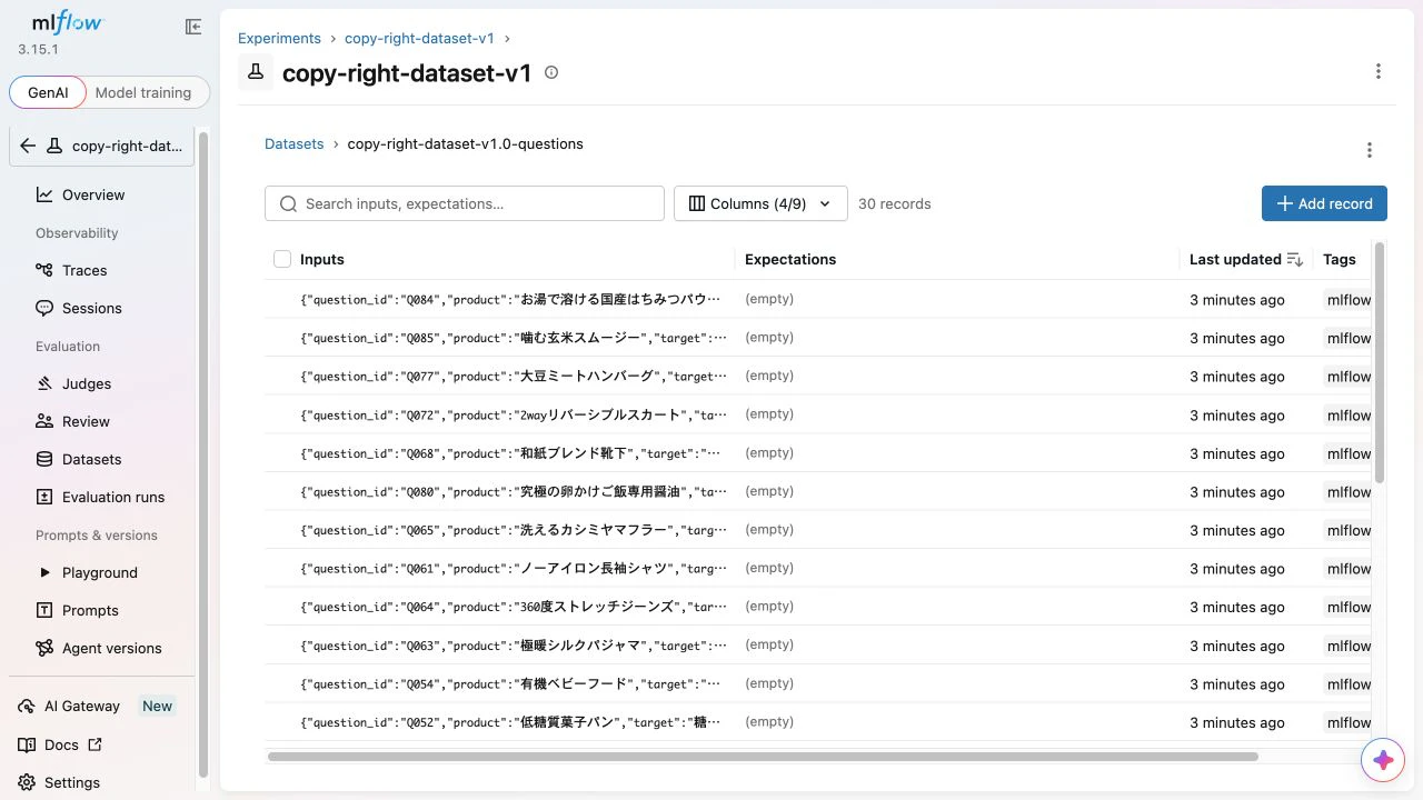 Evaluation Datasetで30 recordsを確認