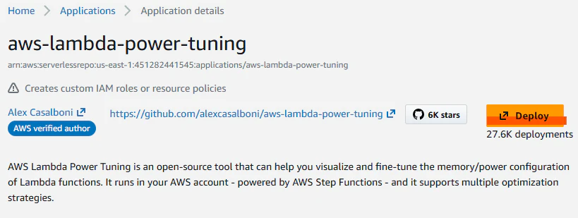 AWS Lambda Power Tuning の SAR レポジトリ画面