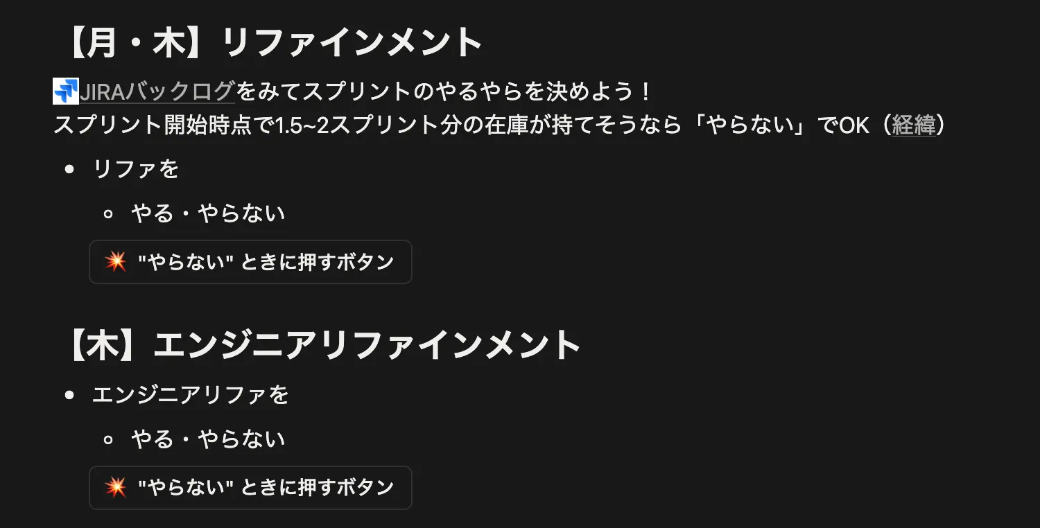 ミーティングを「"やらない"ときに押すボタン」が並んでいる