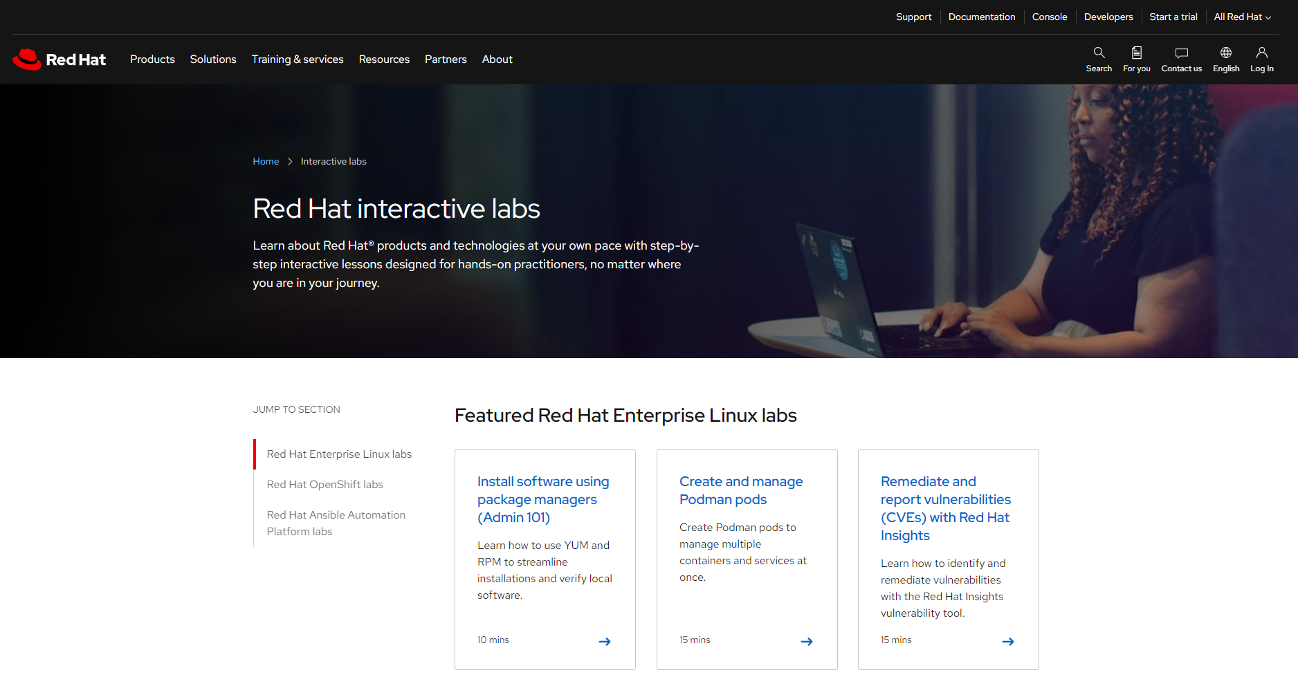 Home page of Red Hat interactive lab