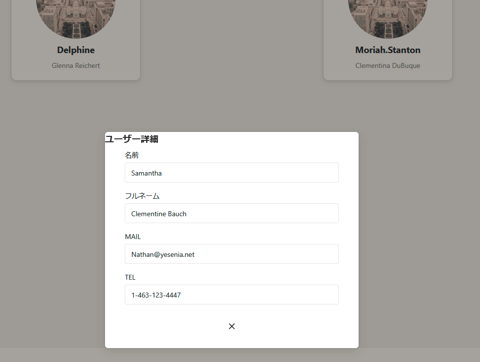 overflow: visible で表示されたモーダル。ユーザーカードの下にはみ出していて隠れていた