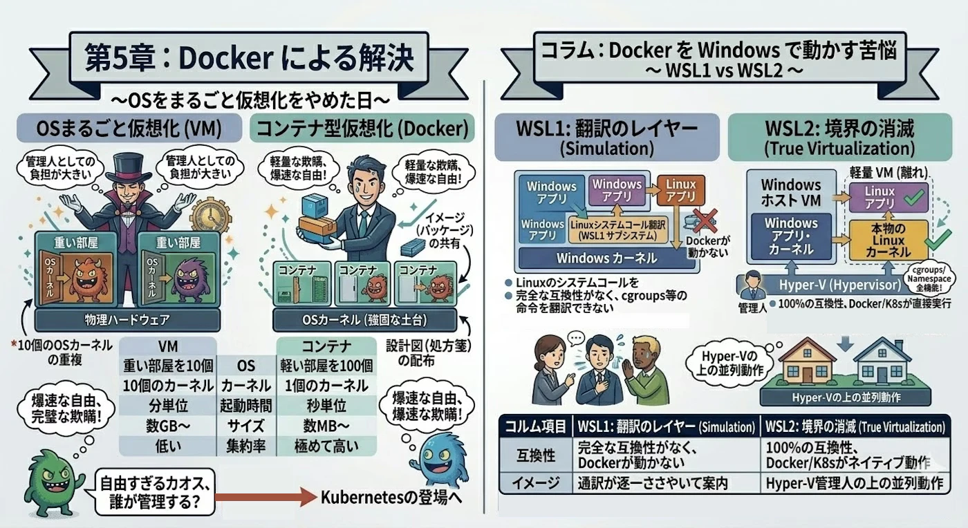 VM vs Docker の比較図 + WSL1 vs WSL2 の比較図