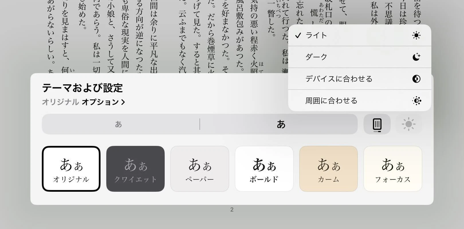 Apple Books背景色設定画面