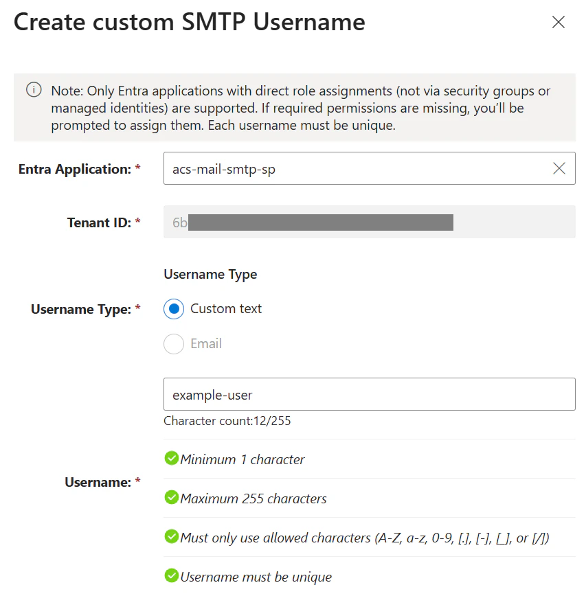 SMTPユーザー作成画面