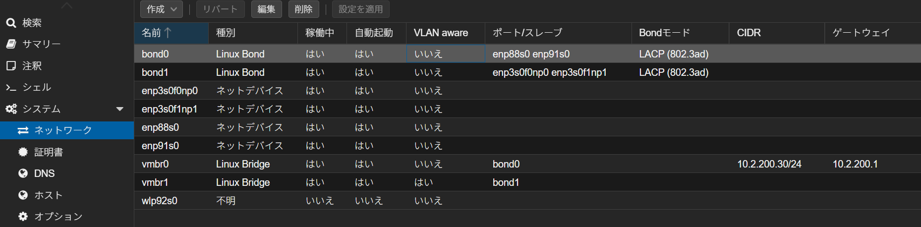Proxmoxのネットワーク設定