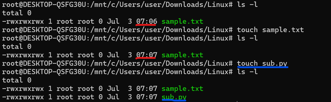 touchコマンド実行結果