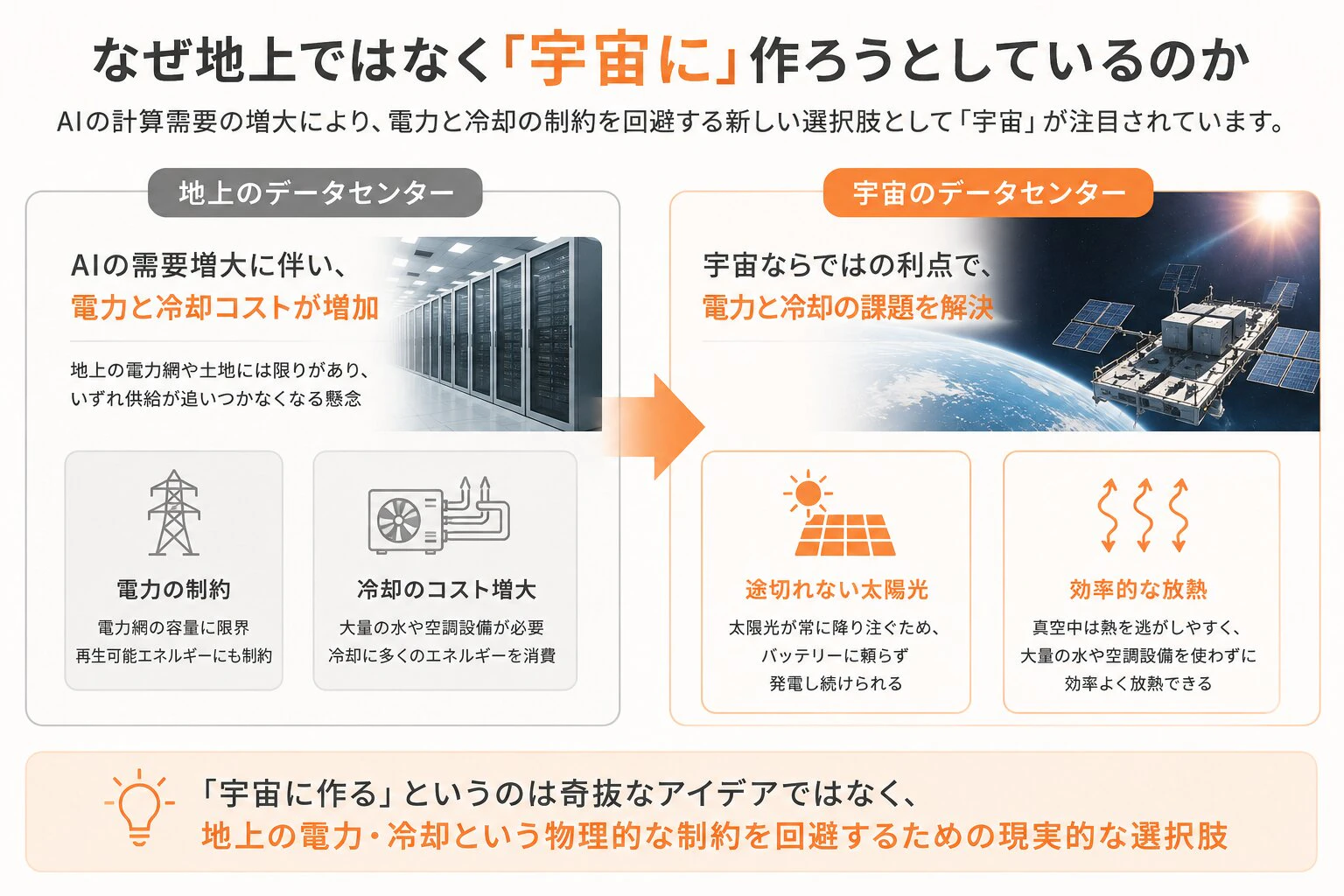 すもも_AIの限界は電気と冷却記事_挿絵_なぜ宇宙に作るのか比較図解_圧縮.jpg