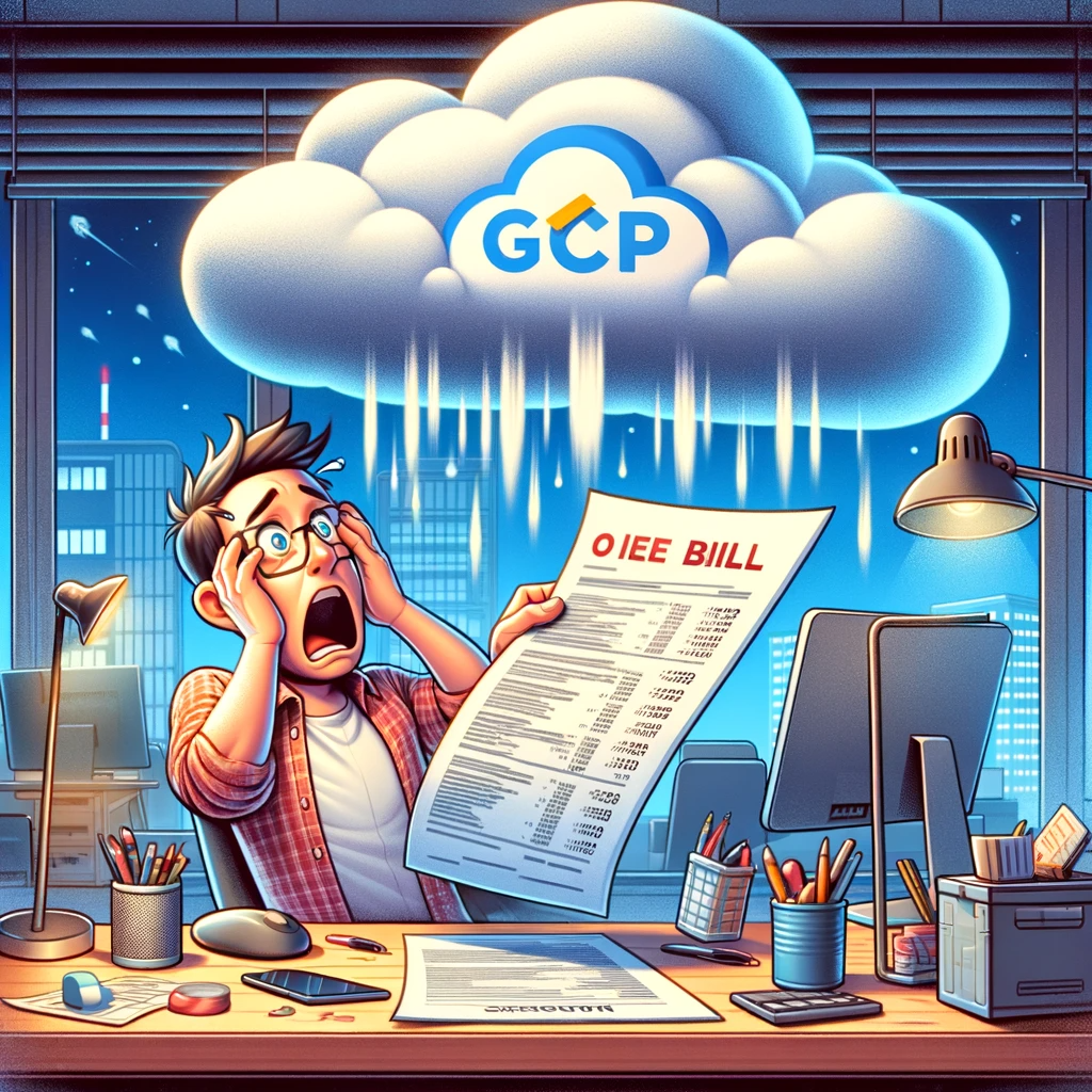 DALL·E 2023-11-23 17.06.02 - A humorous illustration depicting the concept of unexpectedly high cloud service bills, specifically related to Google Cloud Platform (GCP). The scene.png