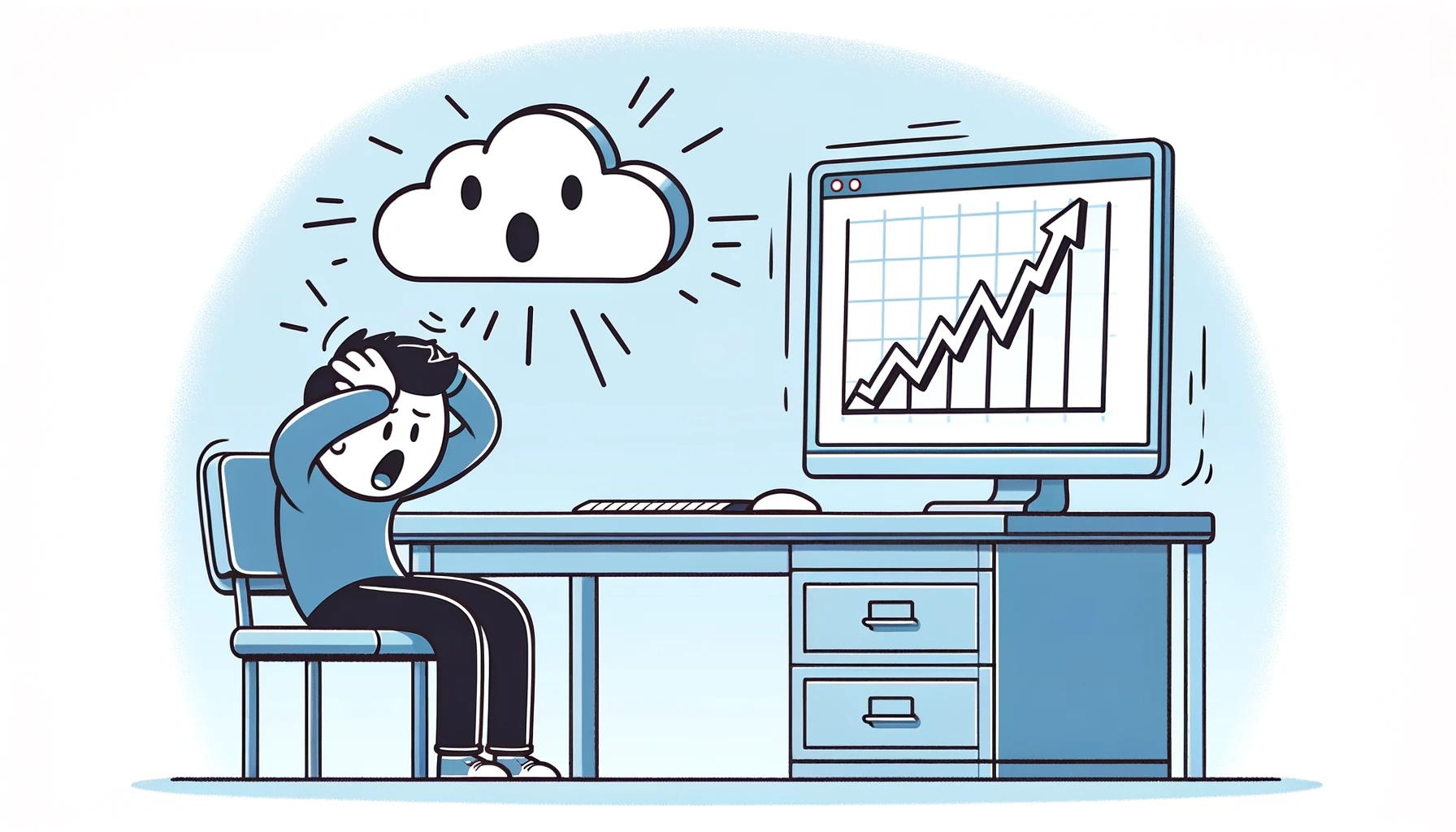 DALL·E 2023-11-23 19.00.15 - A simple cartoon illustration showing a person sitting at a desk, looking at a computer screen with a shocked expression. The screen displays a simple.png