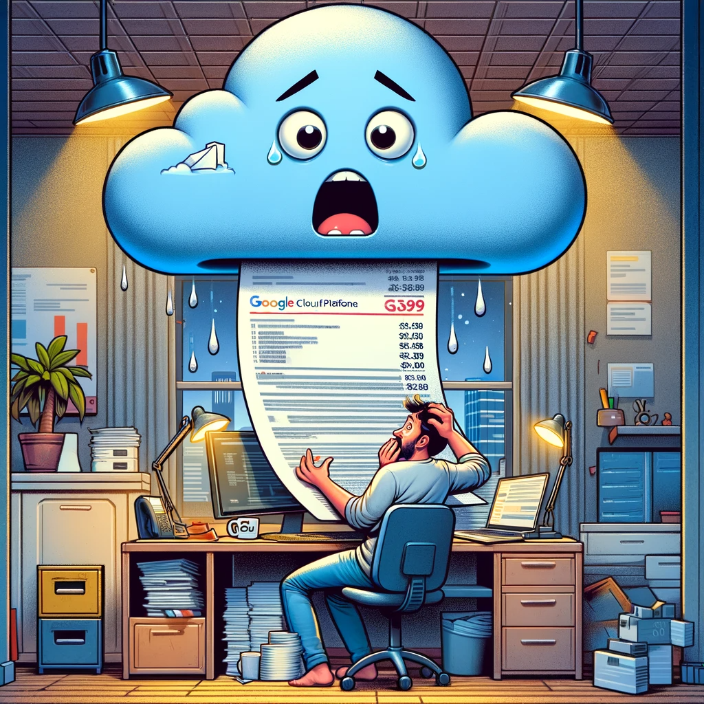 DALL·E 2023-11-23 17.06.08 - A humorous illustration depicting the concept of unexpectedly high cloud service bills, specifically related to Google Cloud Platform (GCP). The scene.png