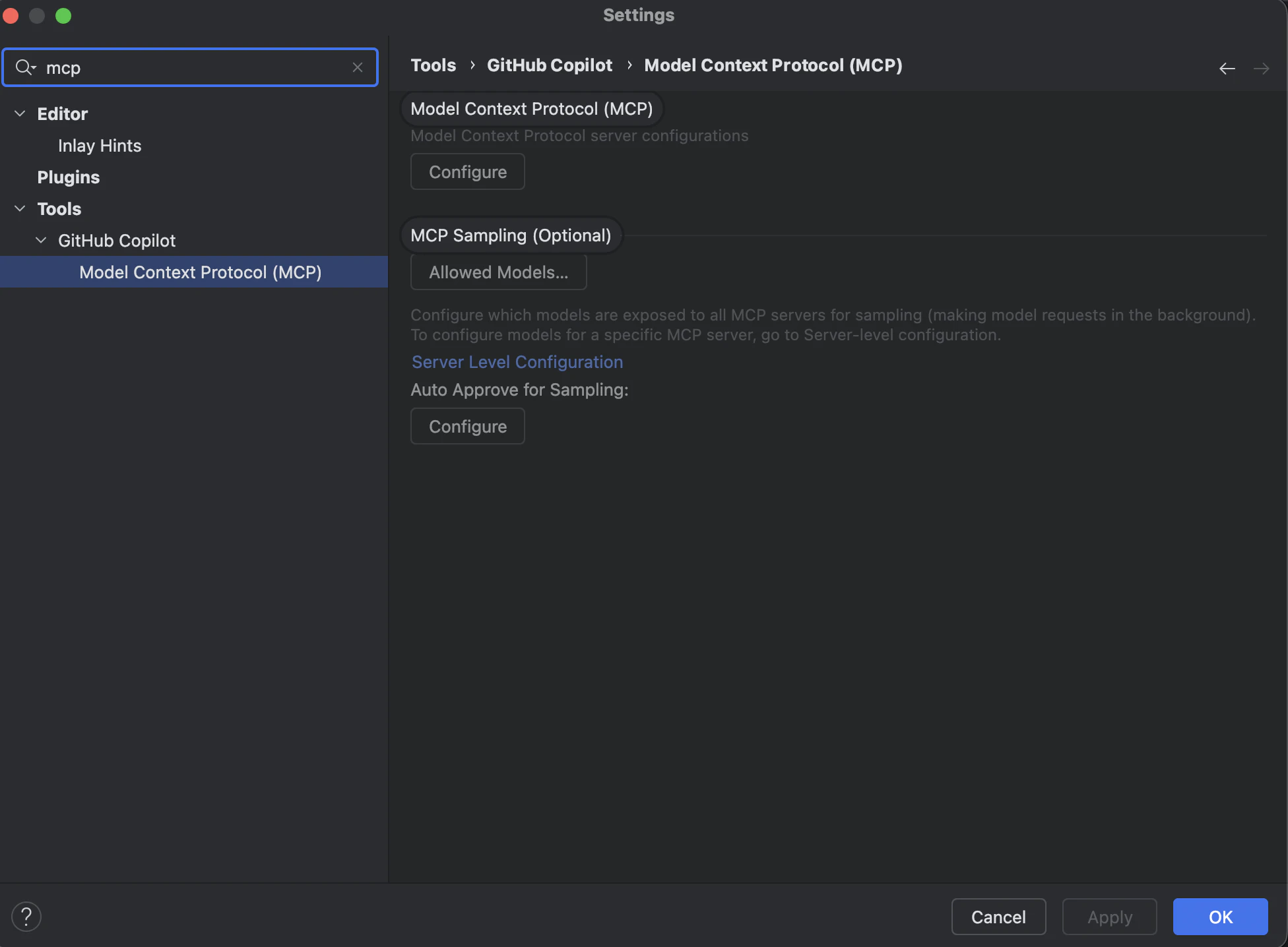 Android StudioのGitHub Copilot設定画面でMCPタブを開く