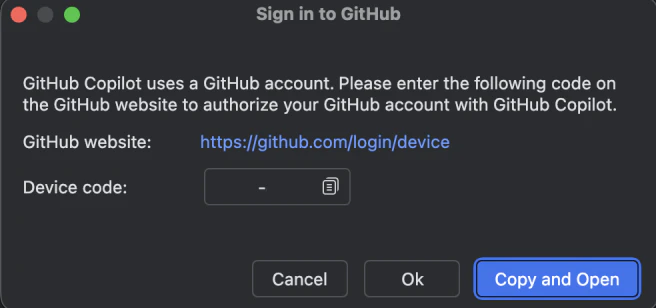 Android StudioのGitHub Copilot認証ダイアログ