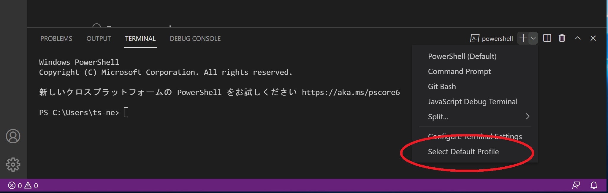 Visual Studio Code の Select Default Profile メニュー