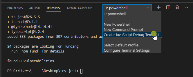 Create JavaScript Debug Terminal