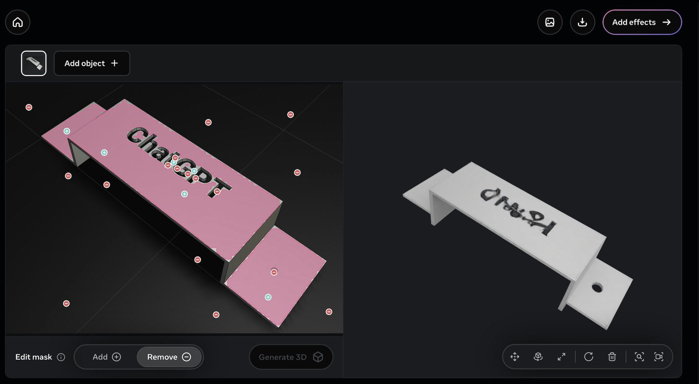 Meta SAM3Dに課題1のブラケットの画像を投げたときのスクリーンショット。左側には斜めから見たブラケットの画像、右側には3D化されたブラケットのモデルが表示されている おおよその概形が再現され立体化されているが、文字の場所には刻印が無く、ぼんやりとした模様が描かれている。