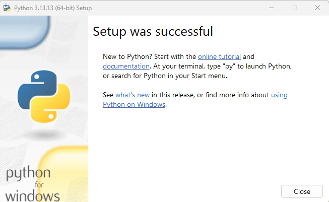 スクショ:Setup was successful の完了画面