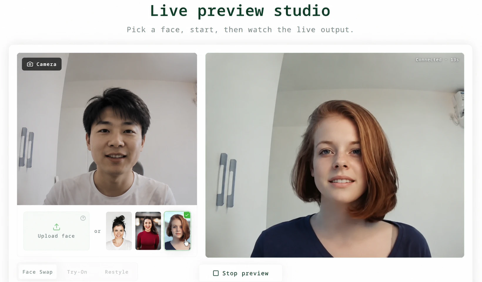 Vivify Realtime Face Swap のプレビュー例