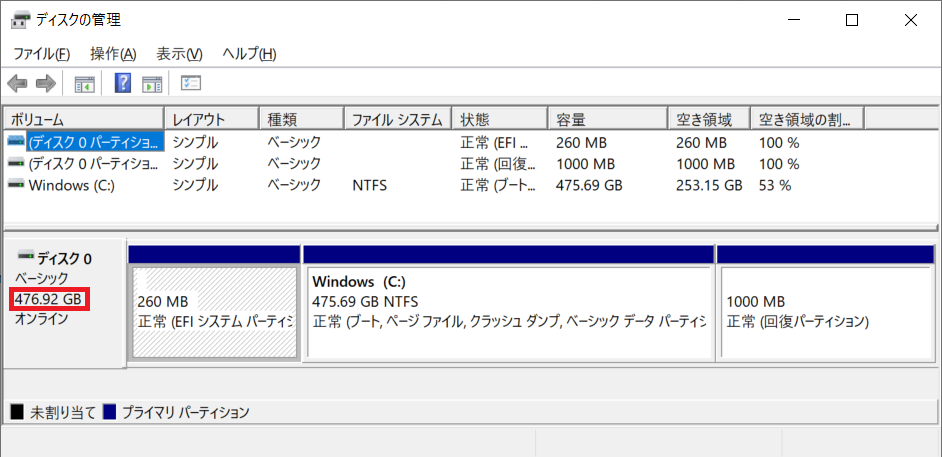 512 GBのSSDがWindowsでは476.92 GBと表示されている様子 512 GBのSSDがWindowsでは476.92 GBと表示されている様子