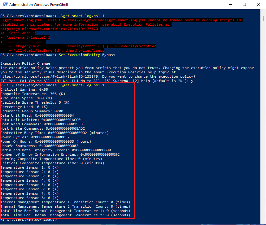 NVMeドライブのS.M.A.R.T.情報を取得するPowershellスクリプトの動作確認結果 NVMeドライブのS.M.A.R.T.情報を取得するPowershellスクリプトの動作確認結果