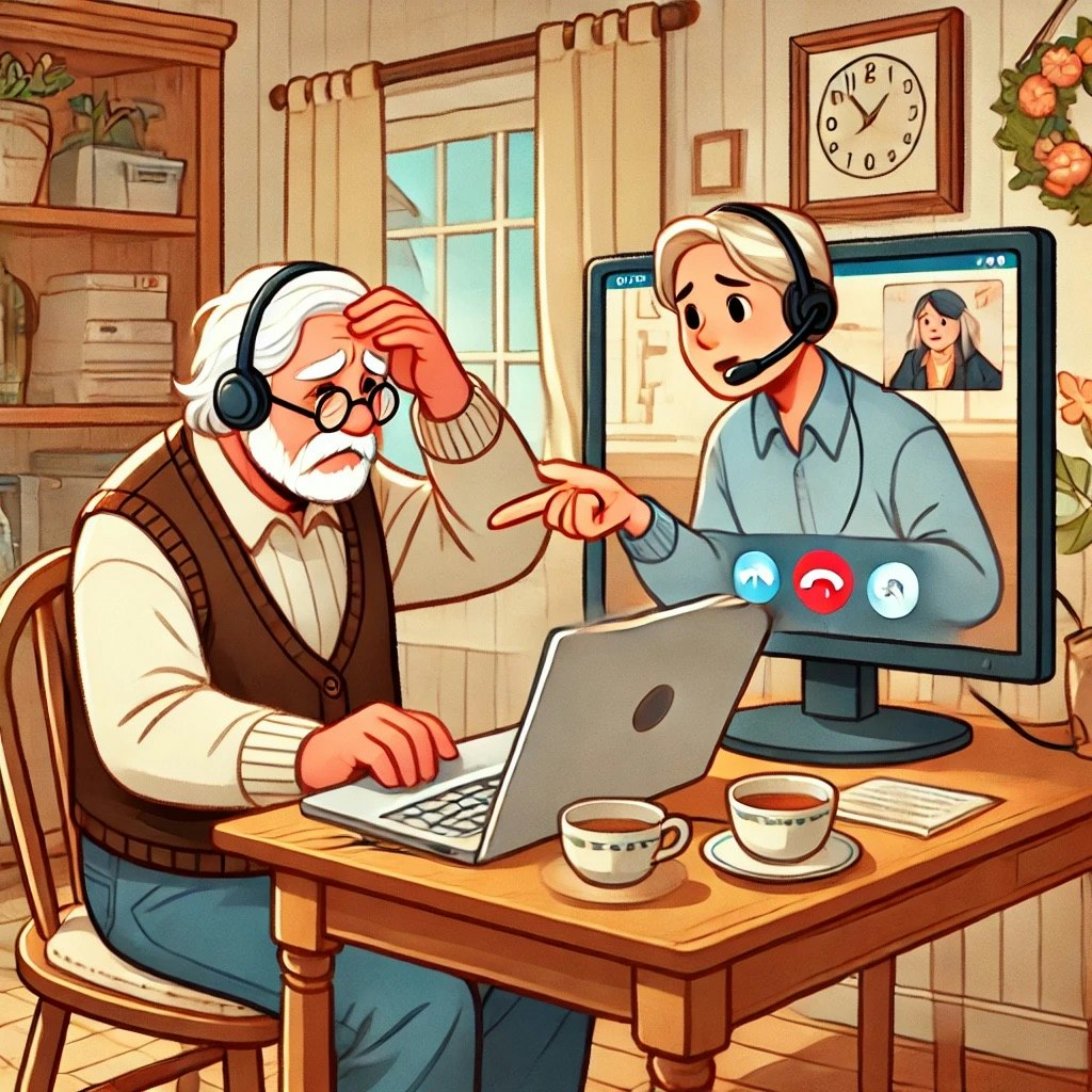DALL·E 2025-01-20 16.39.45 - A heartwarming and slightly humorous illustration showing a tech support staff assisting an elderly man over a video call. The elderly man is seated a.jpeg