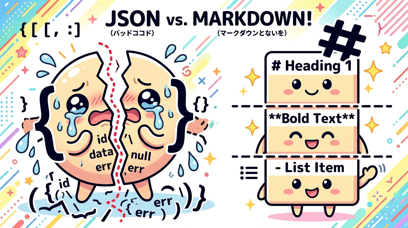 切られて泣いているJSONと、見出しで綺麗に分割されて平気なMarkdownの対比