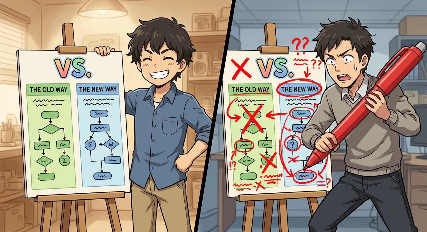 過去の自分が描いた比較スライドに、現在の自分が赤ペンで盛大に添削を入れる図