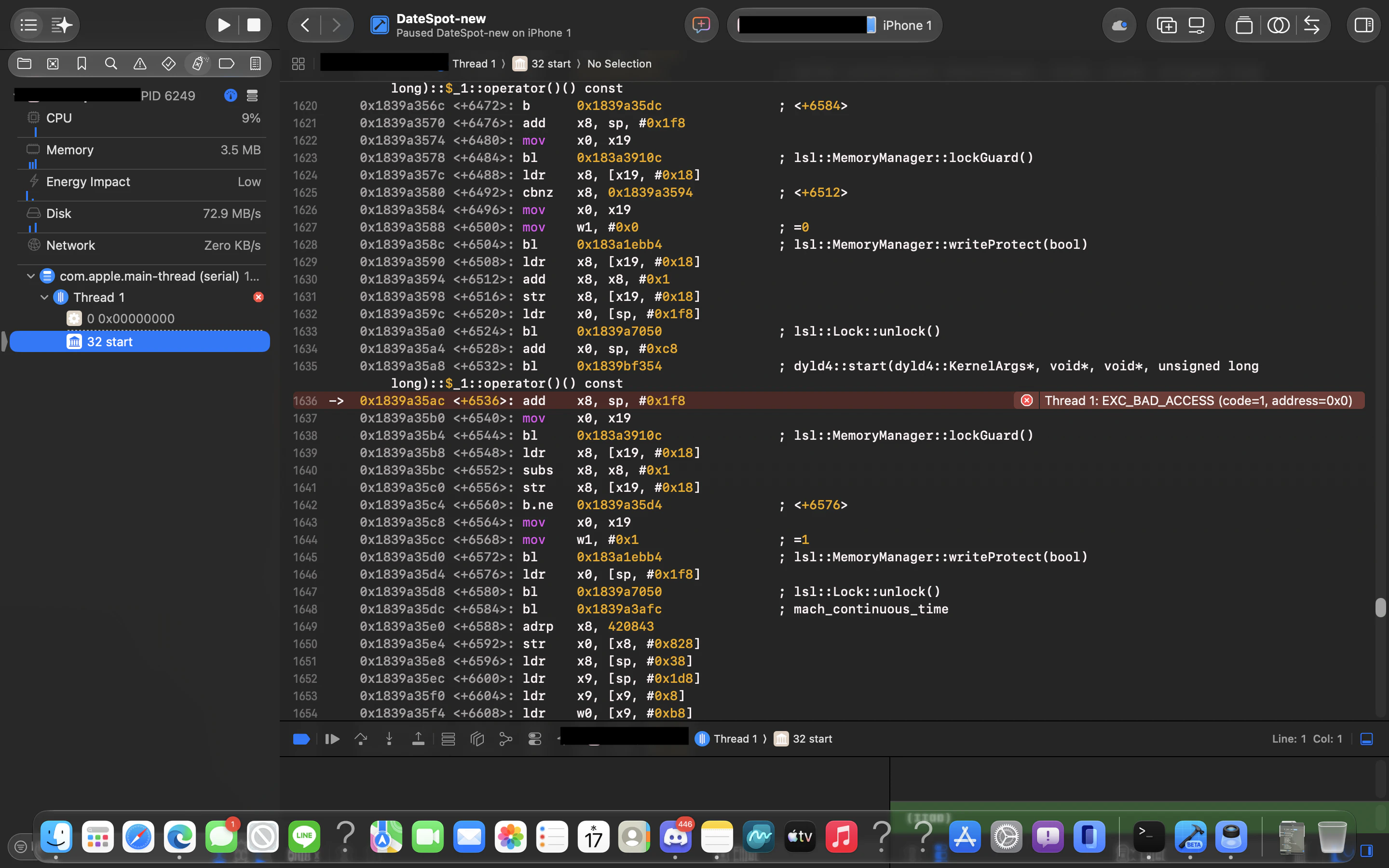 dyld4 start付近でEXC_BAD_ACCESSが発生している画面