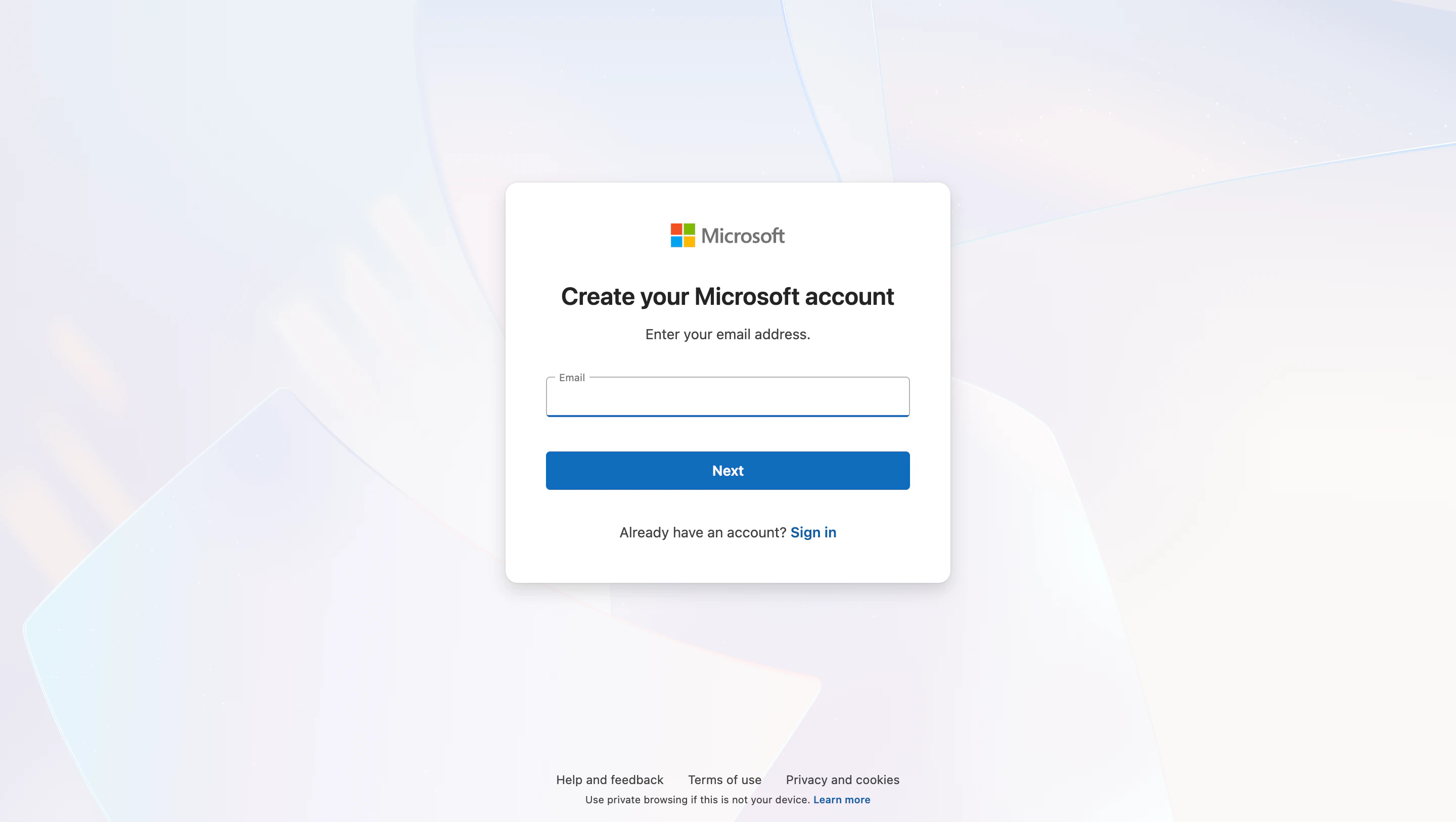 Microsoftアカウントの新規作成画面