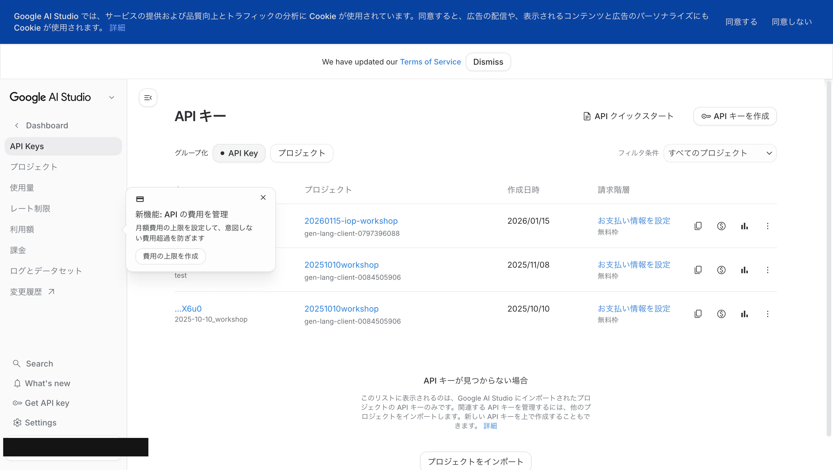 Google AI Studio の APIキー発行画面
