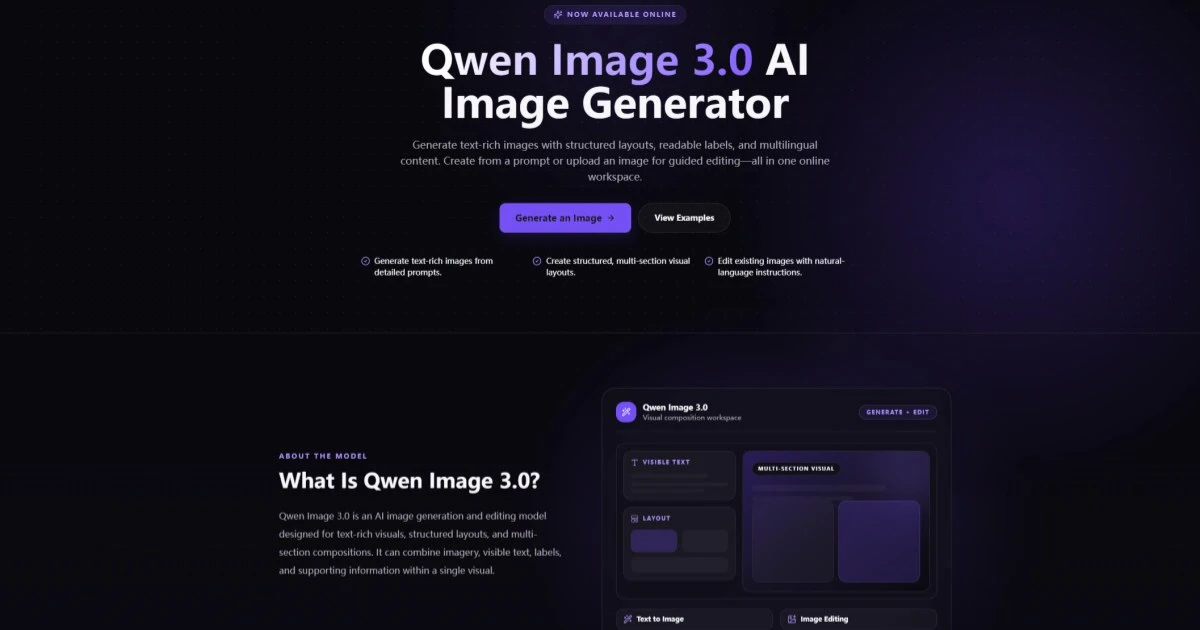 Qwen Image 3.0 official website homepage showing the product interface and primary workflow
