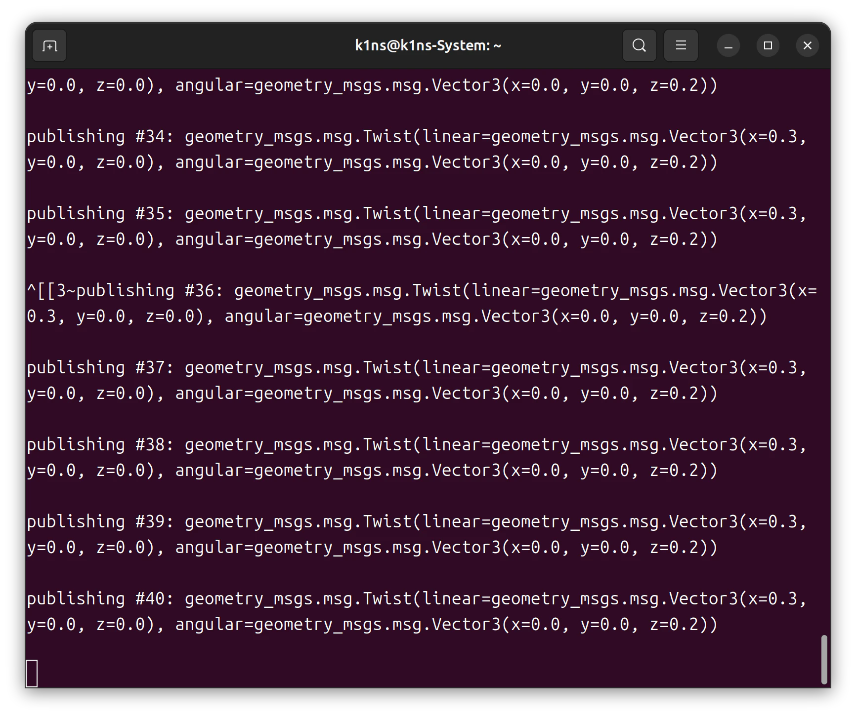 cmd_vel への連続 publish(linear x=0.3, angular z=0.2)