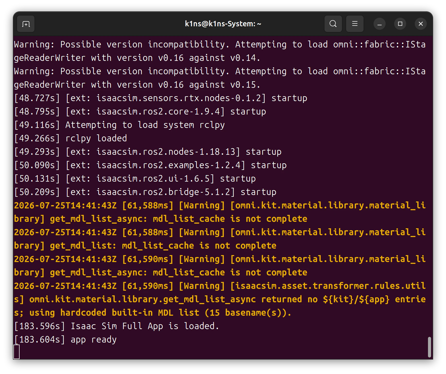 Isaac Sim 起動ログ。rclpy loaded と ROS 2 ブリッジ拡張の startup が確認できる