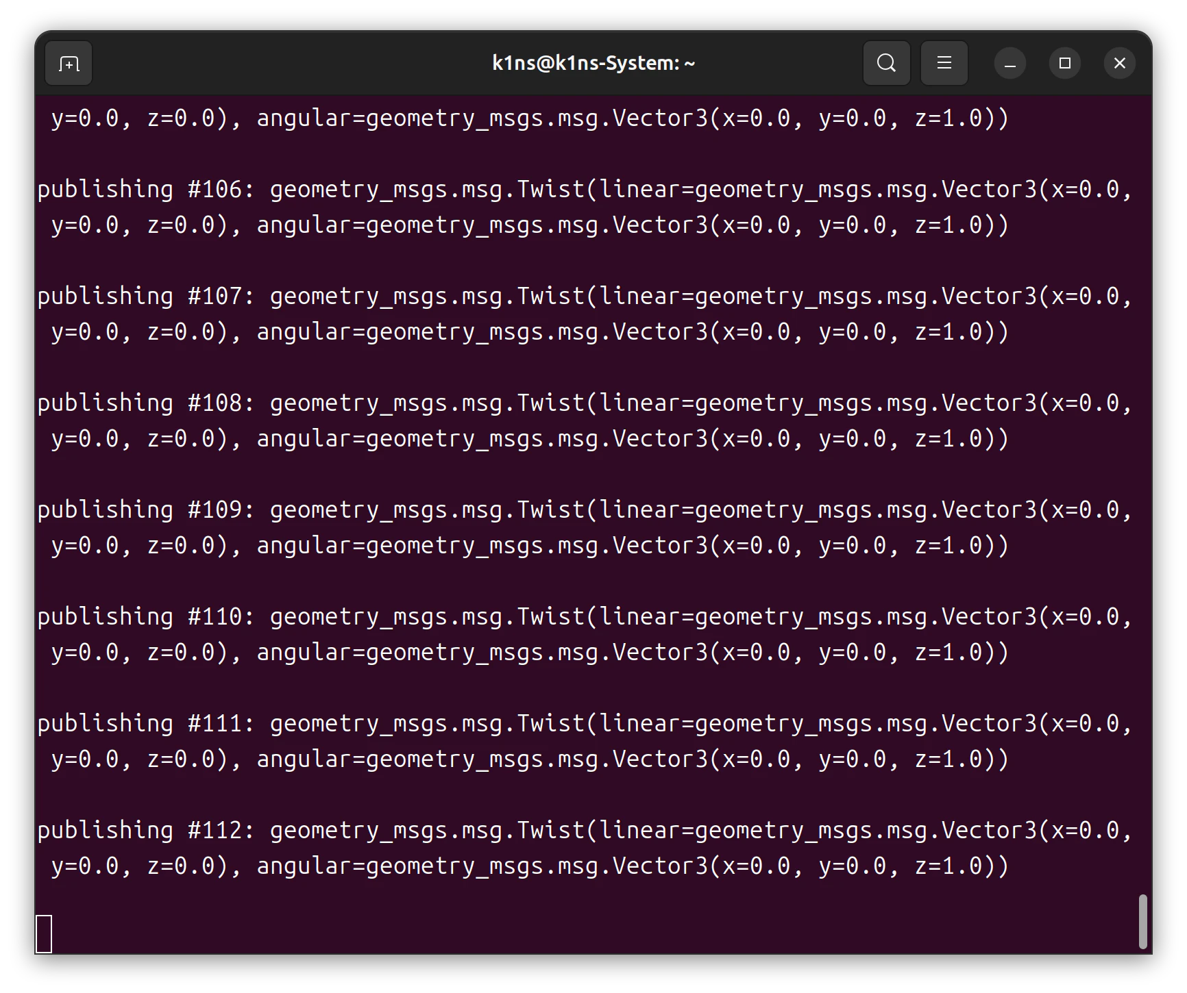 その場旋回の指令を連続 publish(linear x=0.0, angular z=1.0)