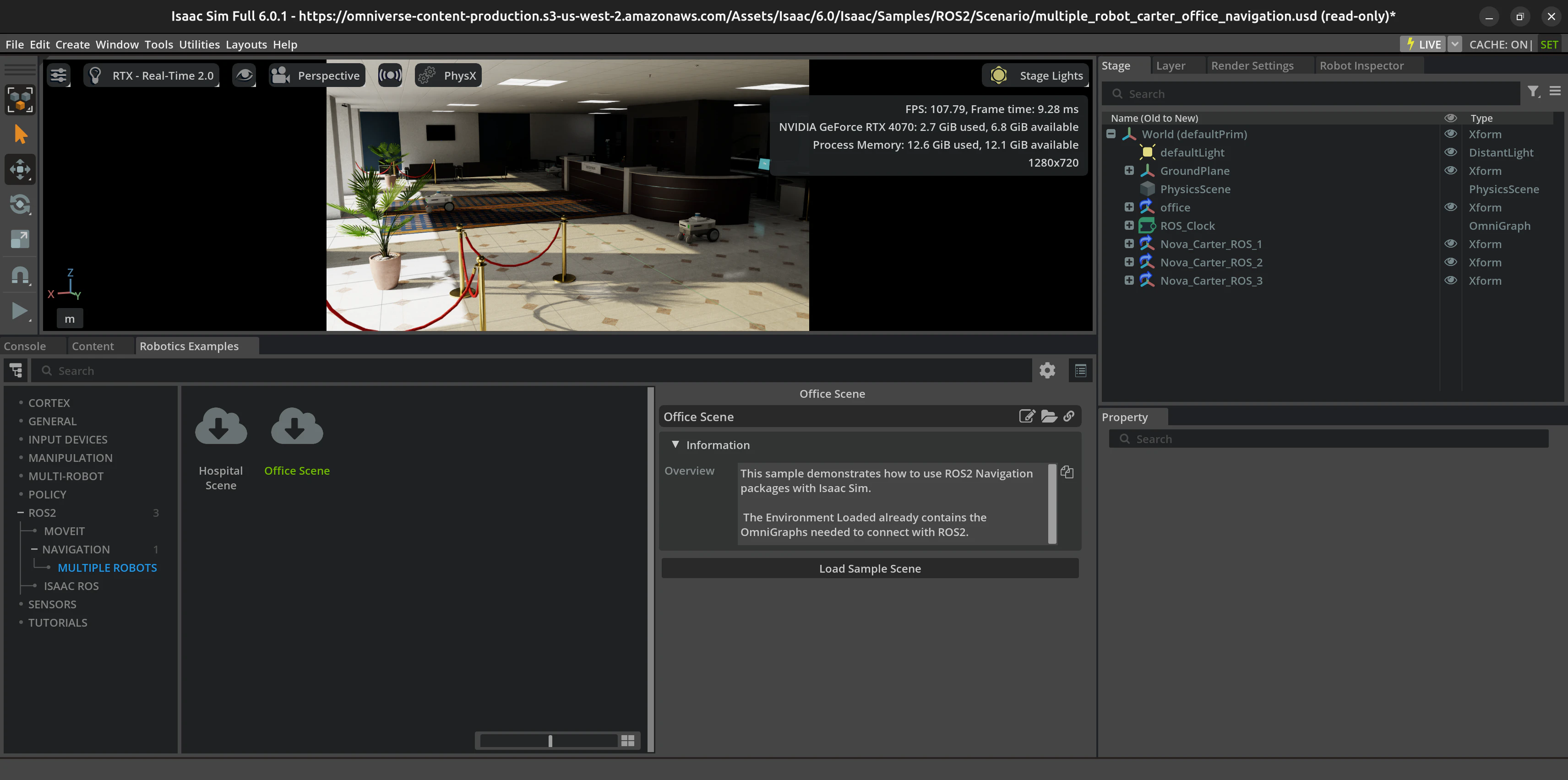 Office Scene をロードした状態。Stage ツリーに ROS_Clock と Nova_Carter_ROS_1〜3 が並ぶ