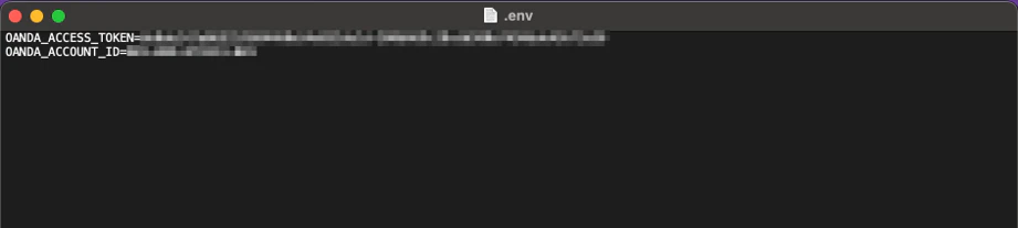 テキストエディタで開いた .env ファイル。OANDA_ACCESS_TOKEN と OANDA_ACCOUNT_ID の2行が書かれている(値はマスク済み)。