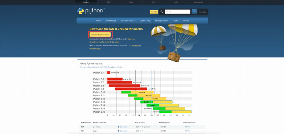 Python 公式サイト(python.org)のダウンロードページ。「Download the latest version for macOS」のボタンが赤枠で示されている。
